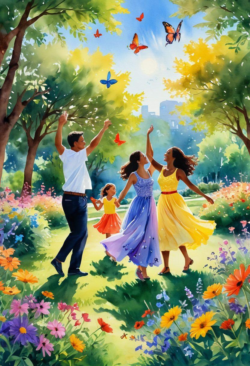 A vibrant landscape featuring a diverse group of people joyfully engaging in various activities like dancing, painting, and laughing in a sunlit park surrounded by blooming flowers and colorful butterflies. In the background, a radiant sun casts warm light, symbolizing positivity and exuberant happiness. The atmosphere is filled with uplifting colors and whimsical elements that evoke a sense of joy and togetherness. watercolor painting. bright and cheerful palette.