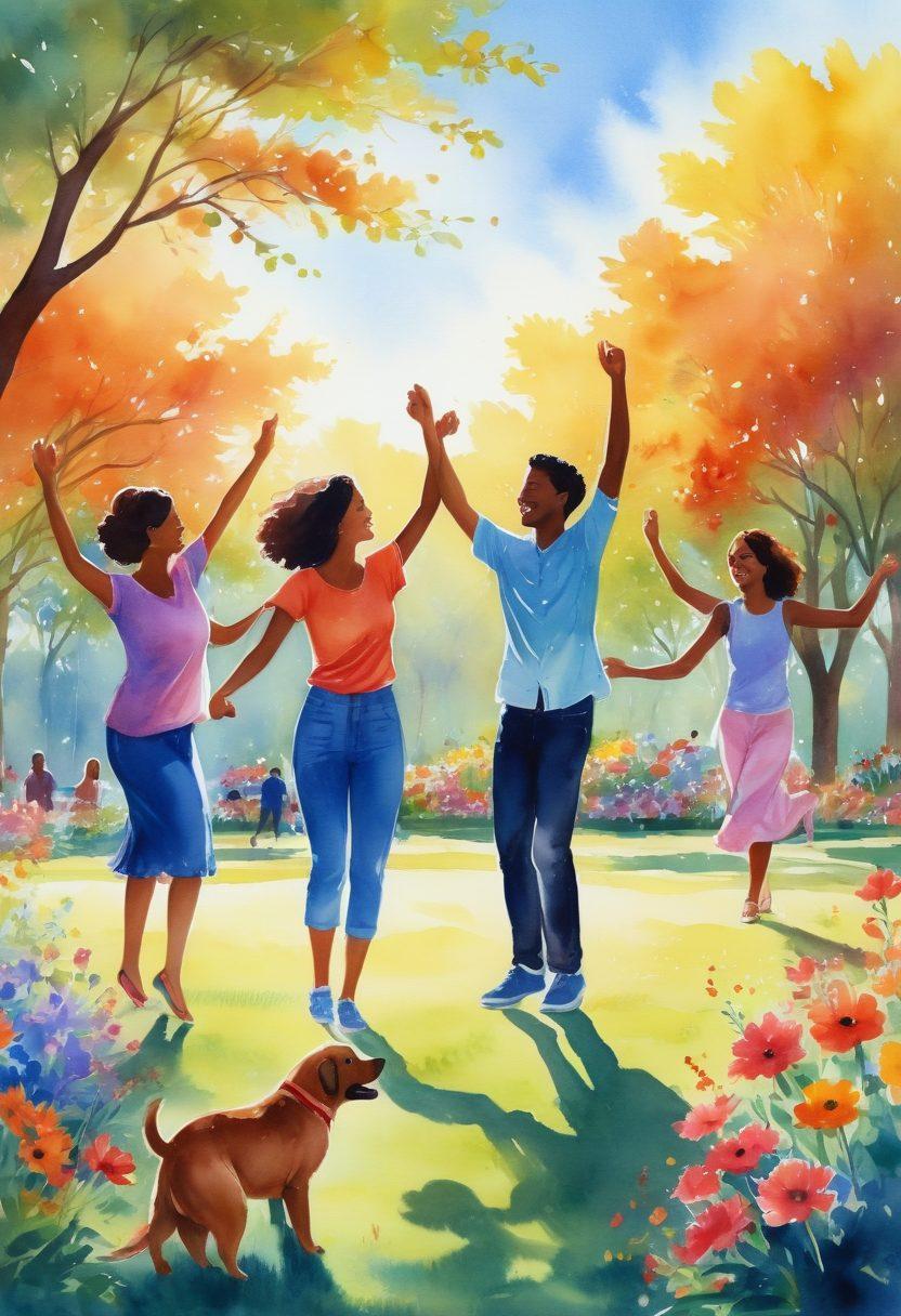 A sunlit scene depicting a diverse group of people joyfully engaging in various activities like dancing, laughing, and sharing moments of happiness in a vibrant park. Incorporate colorful flowers, playful pets, and a clear blue sky to create a sense of exuberance. Highlight warm, inviting colors that evoke positivity and good vibes. watercolor style. bright and cheerful atmosphere.