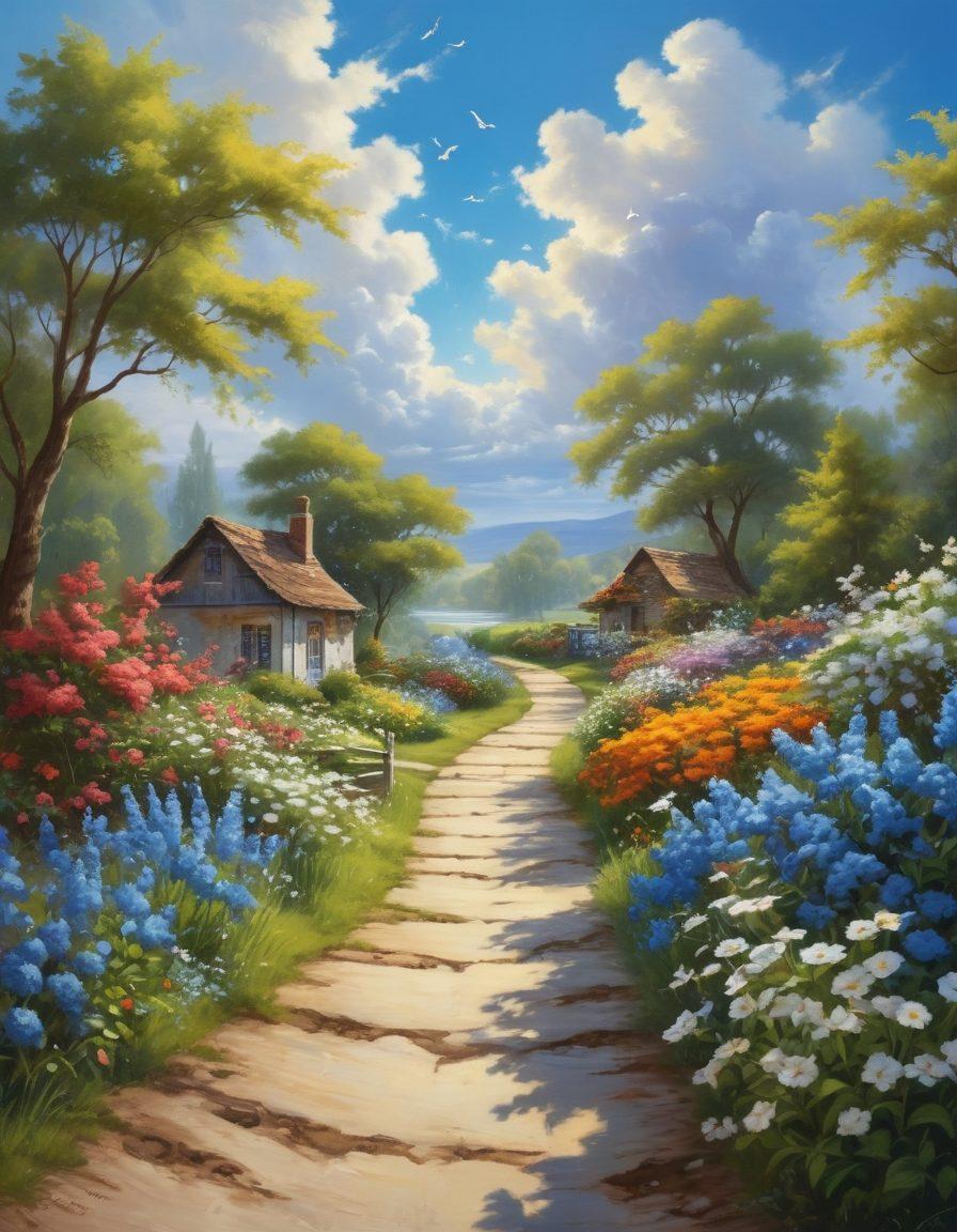 A serene landscape depicting a tranquil pathway lined with blooming flowers, symbolizing a joyful journey. In the foreground, a diverse group of people, radiating happiness, engage in uplifting activities like dancing, painting, and laughing together. The sky is a bright blue with fluffy white clouds, casting soft sunlight that illuminates the scene. Add elements of nature like butterflies and birds to enhance the cheerful vibe. vibrant colors. super-realistic.